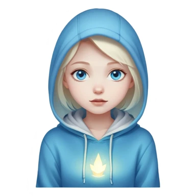 Cinematic girl with large sparkling blue eyes wearing a hoodie sitting, Ultra realistic 32k HD, hauntingly beautiful, Balanced features, highly detailed, glowing, high shine, enchanting, ghostly, dreamy glow, complex pose. The image is so lifelike it could leap off the canvas at any moment sticker