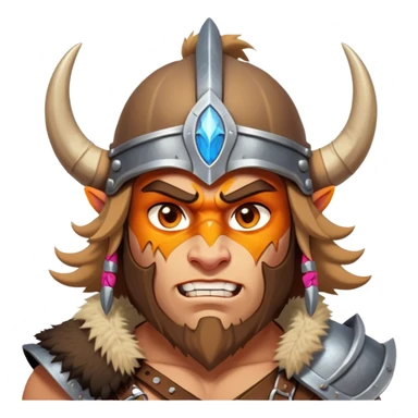 Clash of Clans aesthetic: Cinematic Fierce Barbarian Portrait Emoji, Poised and bold with a rugged yet cartoonish build in tattered furs and a horned helmet, his exposed skin a rich tan, expressive bright eyes and a confident smirk, Simplified yet dynamic features, highly detailed, glowing with a vivid, adventurous aura, high shine, heroic and spirited, stylized with an air of medieval warrior charm, focused and energetic, soft glowing outline, capturing the essence of a fearless barbarian adventurer ready to lead his clan with spirited valor! sticker