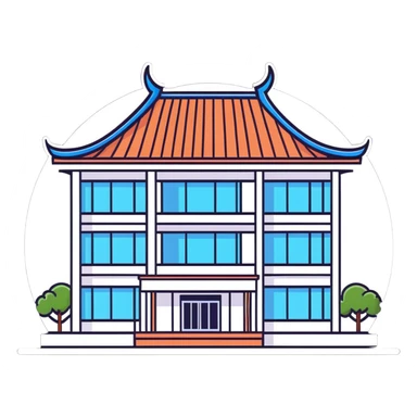 Bangkok hospital with traditional Thai roof details and modern medical facility sticker