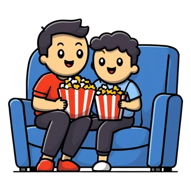 Person sitting comfortably on couch watching movie with popcorn in hand, excited expression sticker