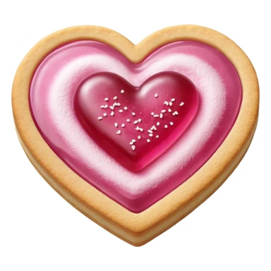 Realistic shortbread cookie in the shape of a heart with pink jelly middle filling and sprinkled powder sugar on top. sticker