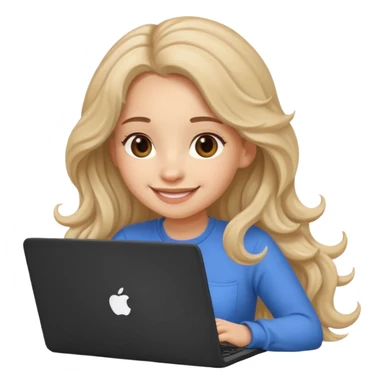 Cute female developer style sitting in front of laptop. No glasses, smiling with long hair waves. Light skin tone in early 20s. One black hair laptop sticker