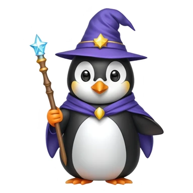penguin wearing wizard hat and robe holding a magic wand sticker