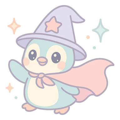 playful penguin wizard with a flowing cape surrounded by sparkles and magical effects sticker