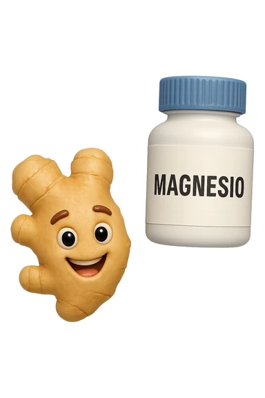 emoji stile iphone 3d di un pezzetto di zenzero e una boccetta di magnesio con la scritta "MAGNESIO" SULL'ETICHETTA CHE FLUTTUANO IN ARIA, iperrealistico 4k sticker