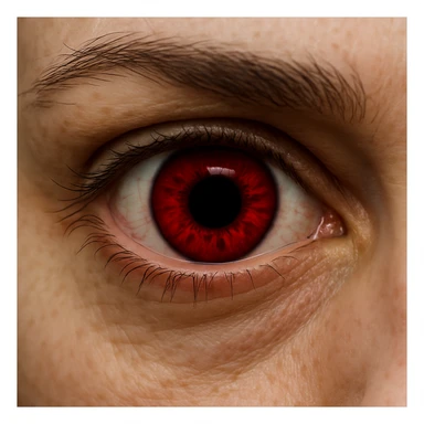 realistic eye with a blood-red iris and an oversized black pupil, intense look, plain background sticker