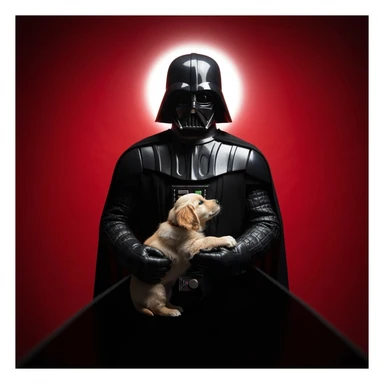 Photo of a darth vader holding puppy golden retriver, low key light, red solid background with leading lines, back light, spot light sticker