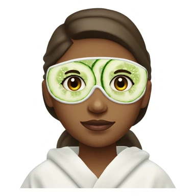 Girl with freackles Brown hair white skin and blue eyes wears Green colored texture skin care mask while She relaxes and puts two round piece of cucumber on her closed eyes In a white Robe sticker