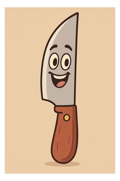 a cartoon-style knife with a smiling face, friendly and colorful, flat toon style sticker