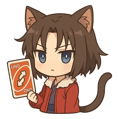 chibi Ryougi Shiki with cat ears and cat tail, magical eyes, holding a UNO reverse card sticker