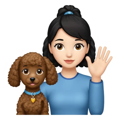 Ponytail black hair girl with brown Poodle say goodbye  sticker