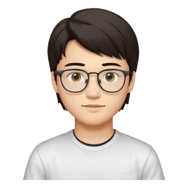 iOS-style emoji
Young man, about 18 years old, with slightly masculine features.
 Slightly Asian eyes, light skin tone, friendly and expressive face.
Accessories and details: Glasses, very dark brown hair, mullet style (short, structured).
Background and clothes: White background and white t-shirt. sticker