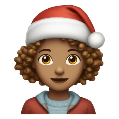 Girl with Light skin blue eyes and Curly brown hair wearing Christmas hat sticker