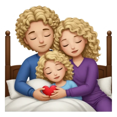 cuddling in bed, asleep. wavy haired blonde girl. curly haired dark brown hair man. eyes closed. heart between them. no headboard sticker