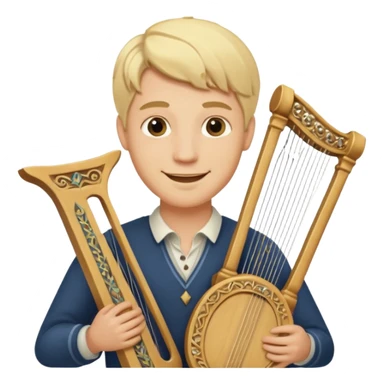 Man with long blonde hair smiling  holding a lyre sticker