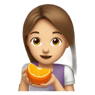 A girl with very long brown hair eating a tangerine sticker