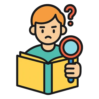 a person reading a book with a magnifying glass, looking confused but determined, colorful icon style sticker