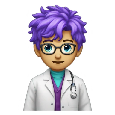 A young boy with a lab coat and a blue shirt underneath with purple hair in the style of the mad scientist sticker