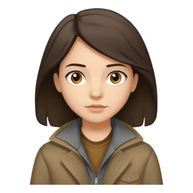 Hobo tomboy with shoulder-length dark brown hair that is parted in the middle. brown eyes, dark dull brown coat, grey shirt. sticker