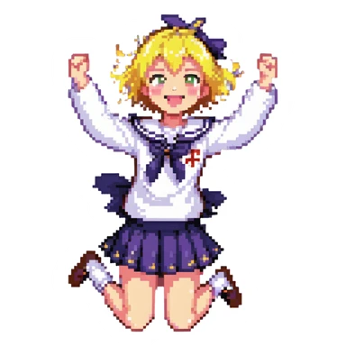 Pixel art anime girl with short bright yellow hair wearing Japanese sailor style school uniform, jumping excitedly with arms raised high, big smile and sparkling happy eyes sticker