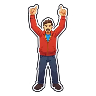 Man holding both arms in the air and holding an electrical cable der Man looks sad sticker