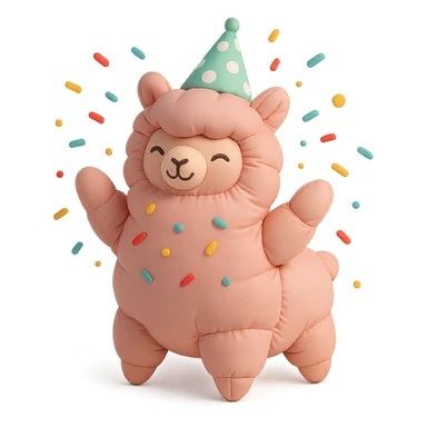 pink alpaca wearing a polka-dot party hat, throwing confetti, cushion style sticker
