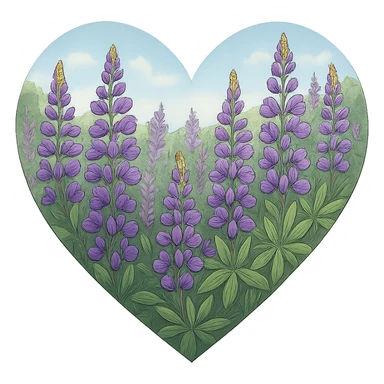 heart with a wild lupine meadow, clean digital illustration, no background sticker