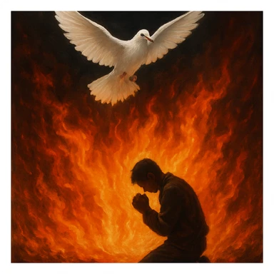 a white dove flying above flames, a person kneeling in prayer below sticker