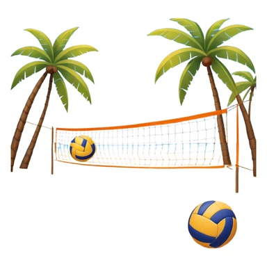 A volleyball resting on the orange sand grownd of a beach, with a volleyball net in the background. The scene captures a sunny beach atmosphere with clear blue sea and sky, palm trees swaying, and people in swimsuits enjoying the vibrant surroundings sticker