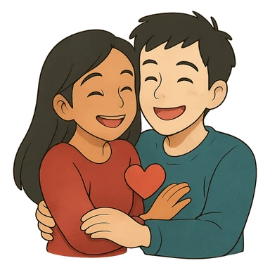 An emoji of a happy couple, the woman has long black hair and a light brown skin tone, while the man has short black hair and a white skin tone. They are in a romantic pose, expressing love and joy with warm facial expressions and affectionate gestures. sticker