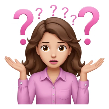 girl with wavy long brown hair, brown eyes, light to medium complexion, long lashes, light pink lipstick, wearing light pink shirt, shrugging with both hands, confused, question mark sticker