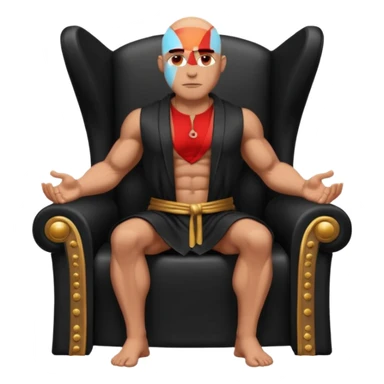 fullbody jacked bald guy, sleeveless and unbuttoned in full black robe sitting sticker