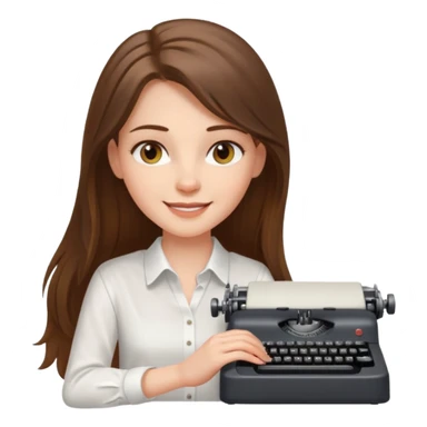 smiling white long brunette hair girl with hazel eyes typing on a typewriter sticker