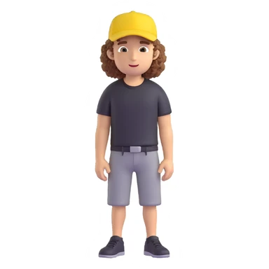 create a character, cute guy, curly, in a black t-shirt and a yellow cap, in 3d sticker