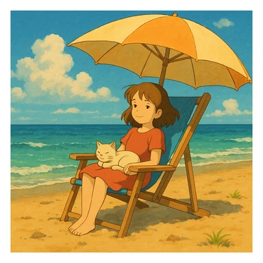 girl and her cat on the beach, sitting in a chair under the sun, ghibli style sticker