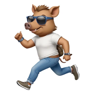 friendly anthropomorphised boar in jeans and a t-shirt, wearing dark sunglasses, jogging upright, relaxed pose sticker