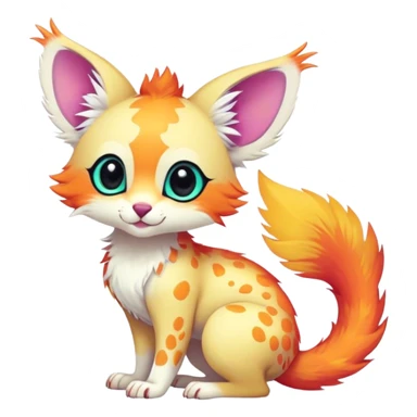 Feral Rare Fantasy vibrant colorful tropical cute, kawaii, cool, ed Vernid-Trico-species by LiLaiRa, random markings, tufted tail, tufted ears, full body, cheek markings sticker