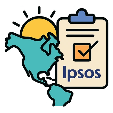 stylized map of North America with sun rising behind it and a document or clipboard, representing summer internship at Ipsos sticker