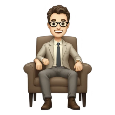 Joyful thrumb up Pale skinned Fit Man With dark brown hair in gray jacket, beige office shirt, Brown pants and vintage glasses sitting In a soft chair sticker
