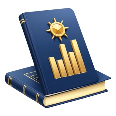A navy blue productivity book with gold details, chart with upward trend aura, radiating productivity, strategy, and success in motion- sticker