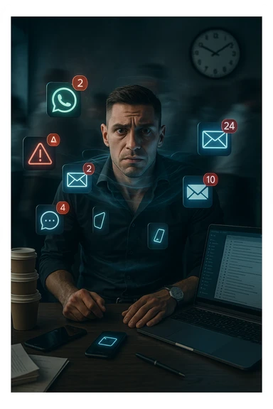 A highly realistic, cinematic portrait of a young man in his early 30s with a tired, tense expression, sitting at his modern office desk surrounded by multiple smartphones with glowing notification bubbles (WhatsApp, emails, alerts) hovering around him like aggressive neon icons. His posture is hunched, shoulders raised, eyes slightly wide, and jaw clenched, representing constant hyper-vigilance and stress. The environment is a cold, cluttered workspace with a laptop displaying endless emails and Slack notifications, coffee cups stacked nearby, and a clock showing late hours, symbolizing the relentless pace of modern work life. Behind him, ghostly blurred figures rush by in a fast-motion effect, representing the constant rush and societal pressure. A faint, tight grey aura wraps around his chest and head, symbolizing blocked breathing and mental tension, while faint blue light tries to push through, representing the body’s desire to find calm. The lighting is harsh and cool, with a 35mm hyperrealistic film style, shallow depth of field focusing on the man’s stressed face and the floating notifications, illustrating the modern trap of always being on alert. sticker
