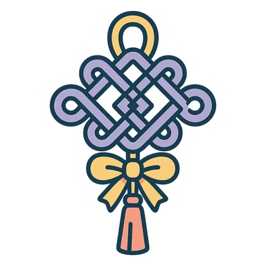 Chinese happiness knot (feng shui), icon-color-outlined style, detailed shadows and highlights, thin clean contours, soft rounded shapes, pastel palette #98B5BC, #B5B3C1, #C9A3C9, #E4C0CA, #F7DCD1, #F7C0AA, modern Japanese pop art and sticker aesthetics, high detail, vector sharpness, soft lighting, transparent background sticker