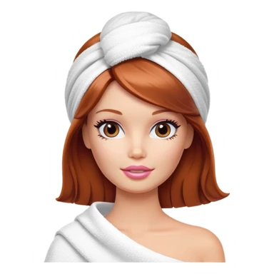A Barbie face with shoulder-length reddish brown hair, makeup with cream on face and a towel on her head sticker
