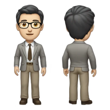 Full height Pale skinned fit man with dark brown hair in gray jacket, beige office shirt, brown tie, brown pants and vintage glasses. His right hand stretched out sticker