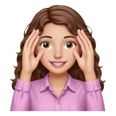 girl with wavy long brown hair, brown eyes, light to medium complexion, long lashes, light pink lipstick, wearing light pink shirt, smiling, hands covering over the eyes sticker