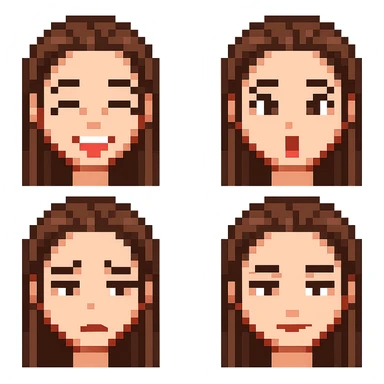 Convert the girl in the image into a set of pixel art style emoticons with transparent background, focusing only on the face and simple expressions. Pixel art style does not support text, so keep the expressions concise and clear. sticker