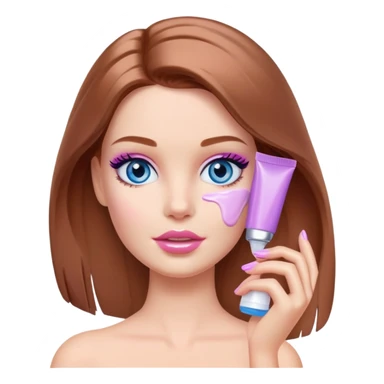 Barbie girl Chestnut Shoulder-length hair and blue eyes is In pale purple smears by hand cosmetic cream on her face sticker