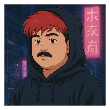 Asian man with a round face, black mustache, red hair, black hoodie, 90s Japanese anime style, soft shading, cyberpunk vibe sticker
