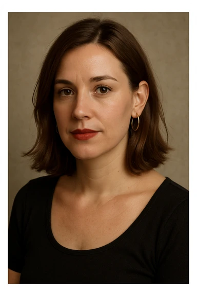 30 year old white woman, shoulder-length hair, brown eyes, left side of hair tucked behind ear, lipstick, hoop earrings, slightly tilted head, upper body portrait sticker