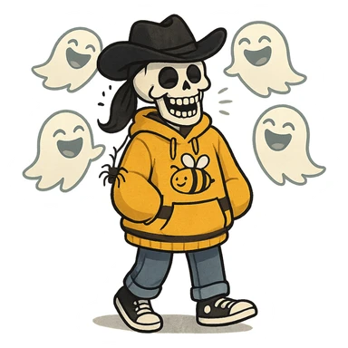 a skeleton with a bee-themed oversized hoodie, black ponytail, black cowboy hat with a spider keychain, joyful and chuckling, blue jeans, black and white tennis shoes, hands barely visible, surrounded by laughing ghosts sticker